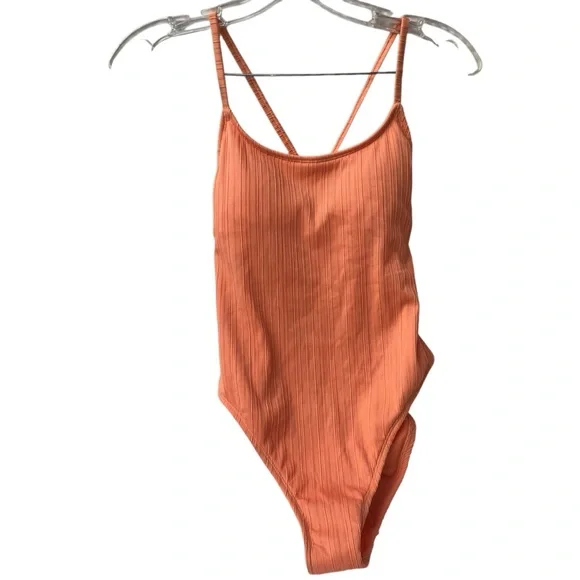 NWOT Xhilaration Tangerine Orange Peach Ribbed Backless One-Piece Swimsuit - S - Picture 8 of 16